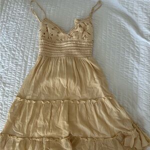 Cream Midi Sundress with Spaghetti Straps and Tiered Skirt